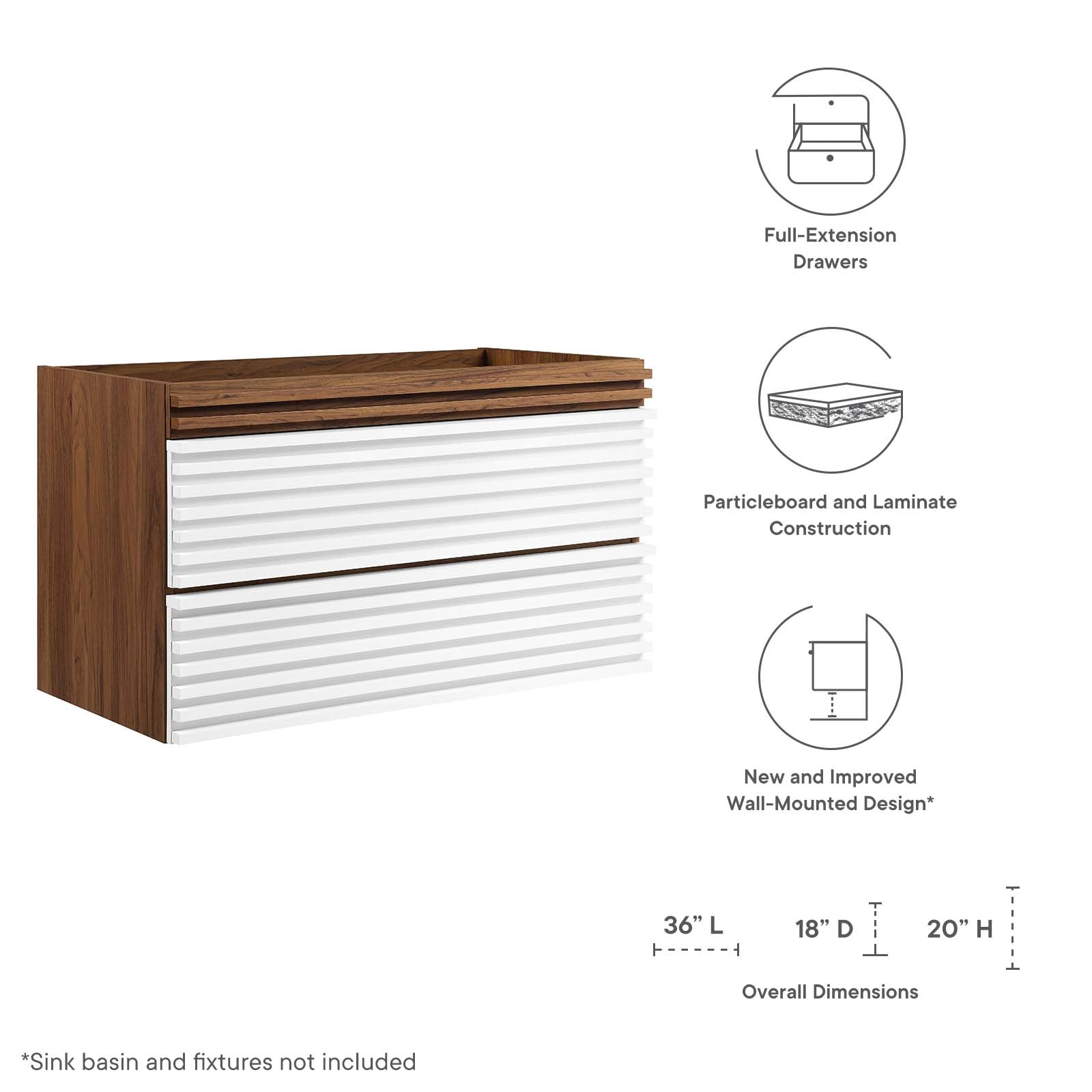 Render 36" Wall-Mount Bathroom Vanity Cabinet (Sink Basin Not Included) by Modway