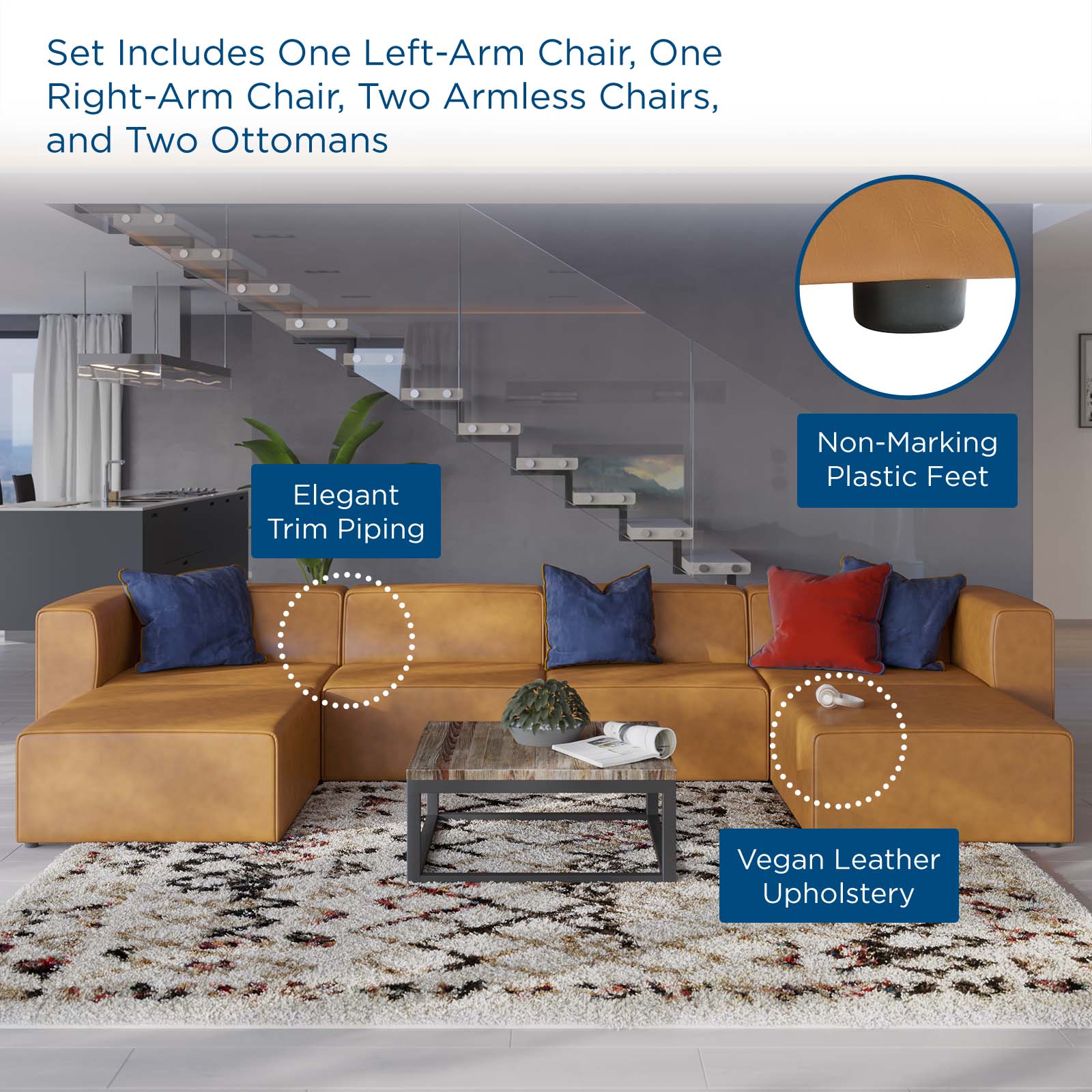 Mingle 4-Piece Vegan Leather Sofa and 2 Ottomans Set by Modway