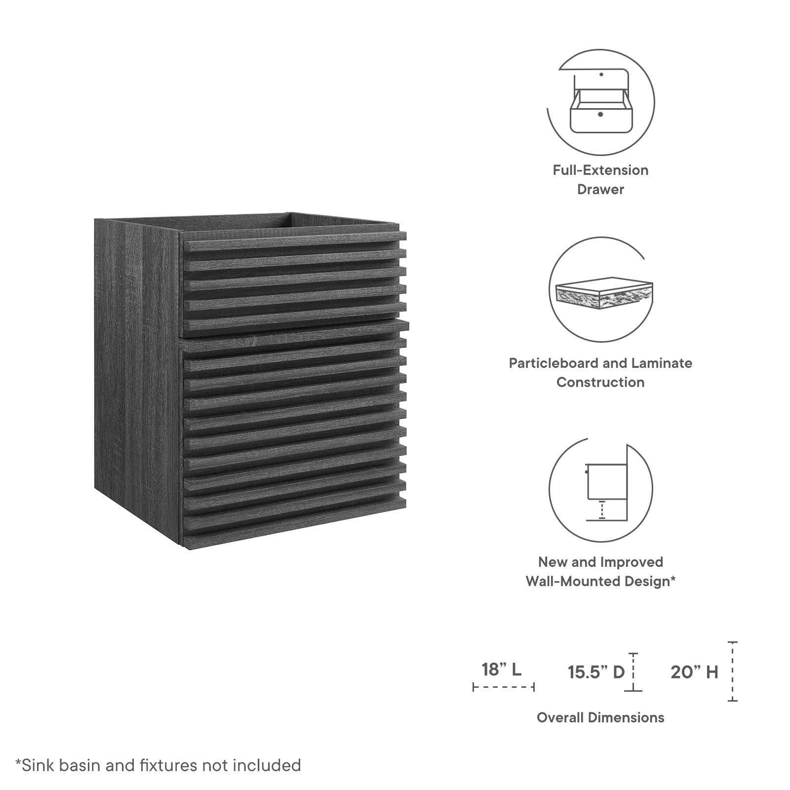 Render 18" Wall-Mount Bathroom Vanity Cabinet (Sink Basin Not Included) by Modway
