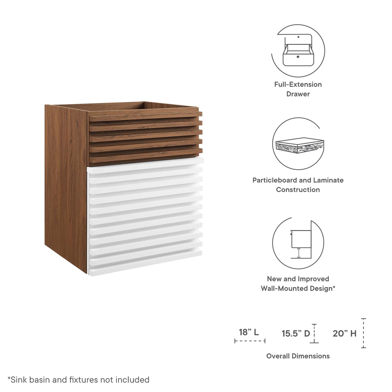 Render 18" Wall-Mount Bathroom Vanity Cabinet (Sink Basin Not Included) by Modway