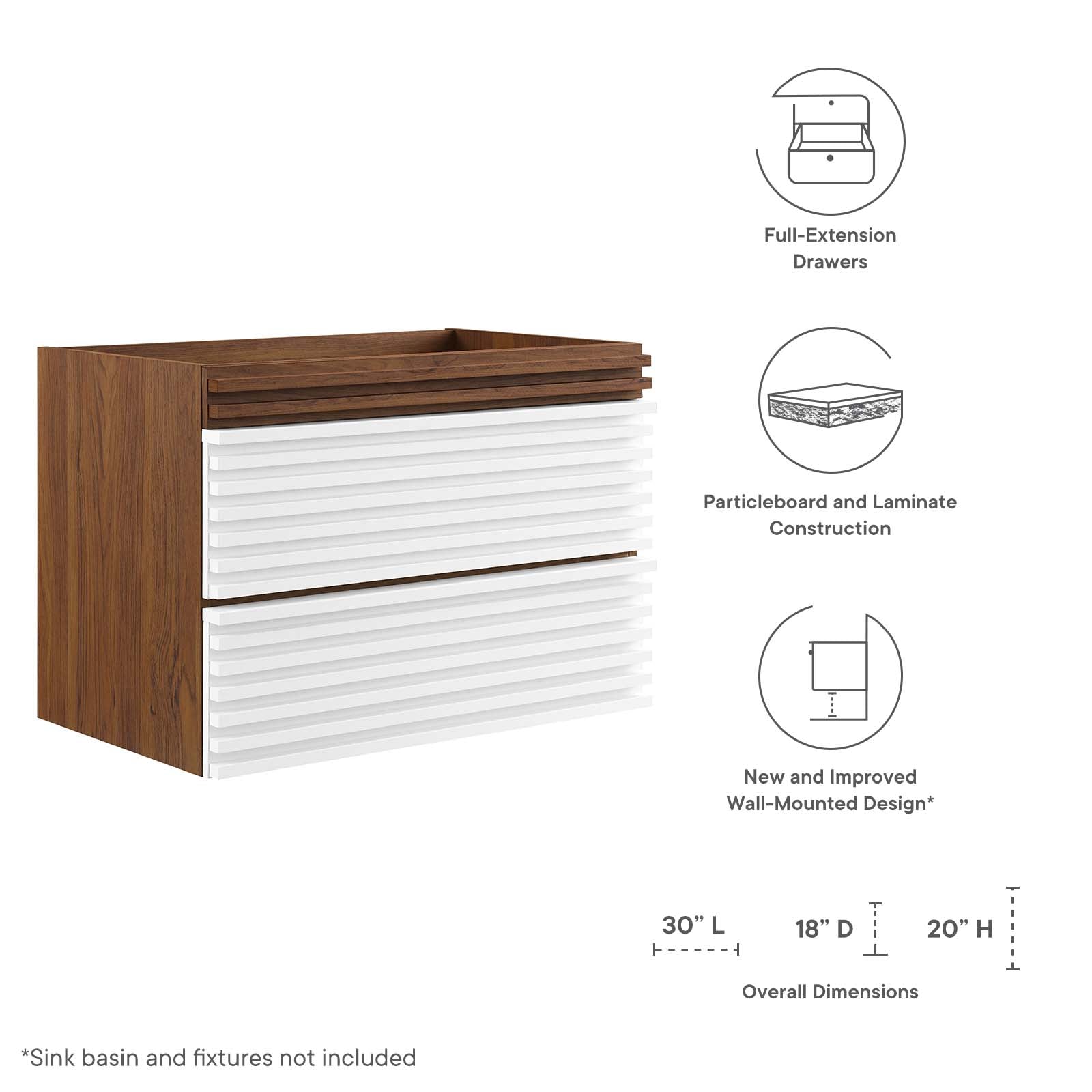 Render 30" Wall-Mount Bathroom Vanity Cabinet (Sink Basin Not Included) by Modway