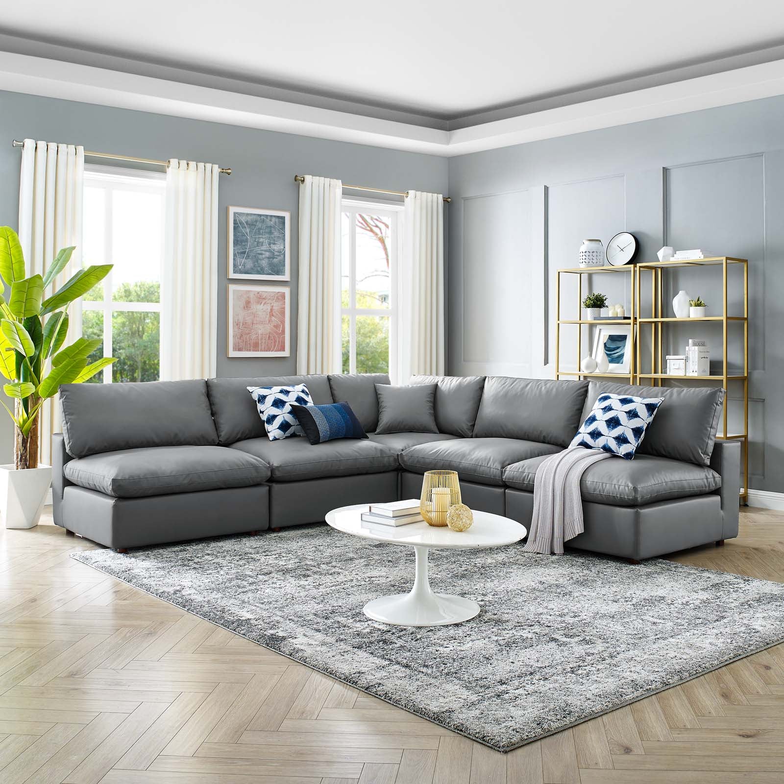 Commix 5-Piece Down Filled Overstuffed Vegan Leather Sectional Sofa by Modway