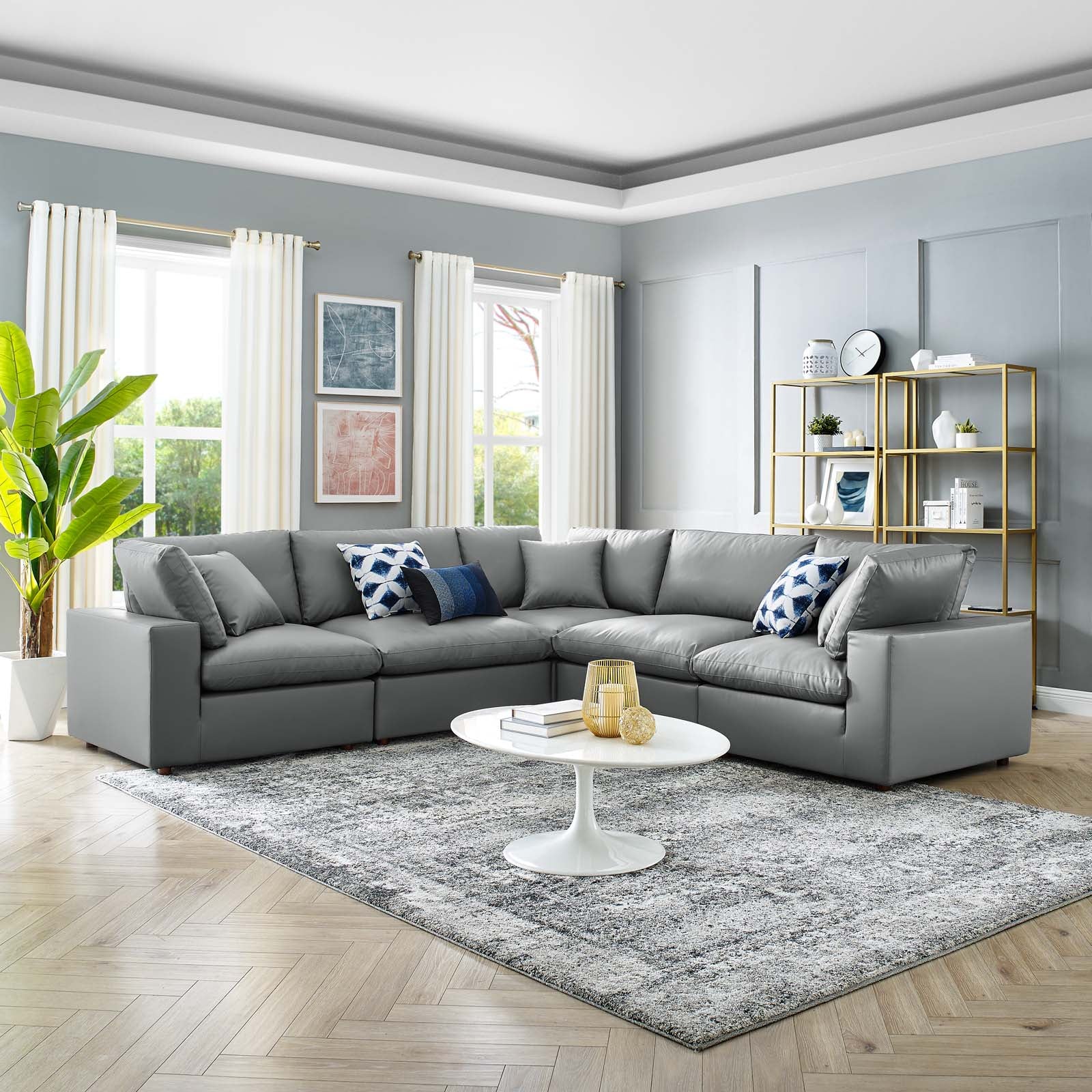 Commix 5-Piece Down Filled Overstuffed Vegan Leather Sectional Sofa by Modway