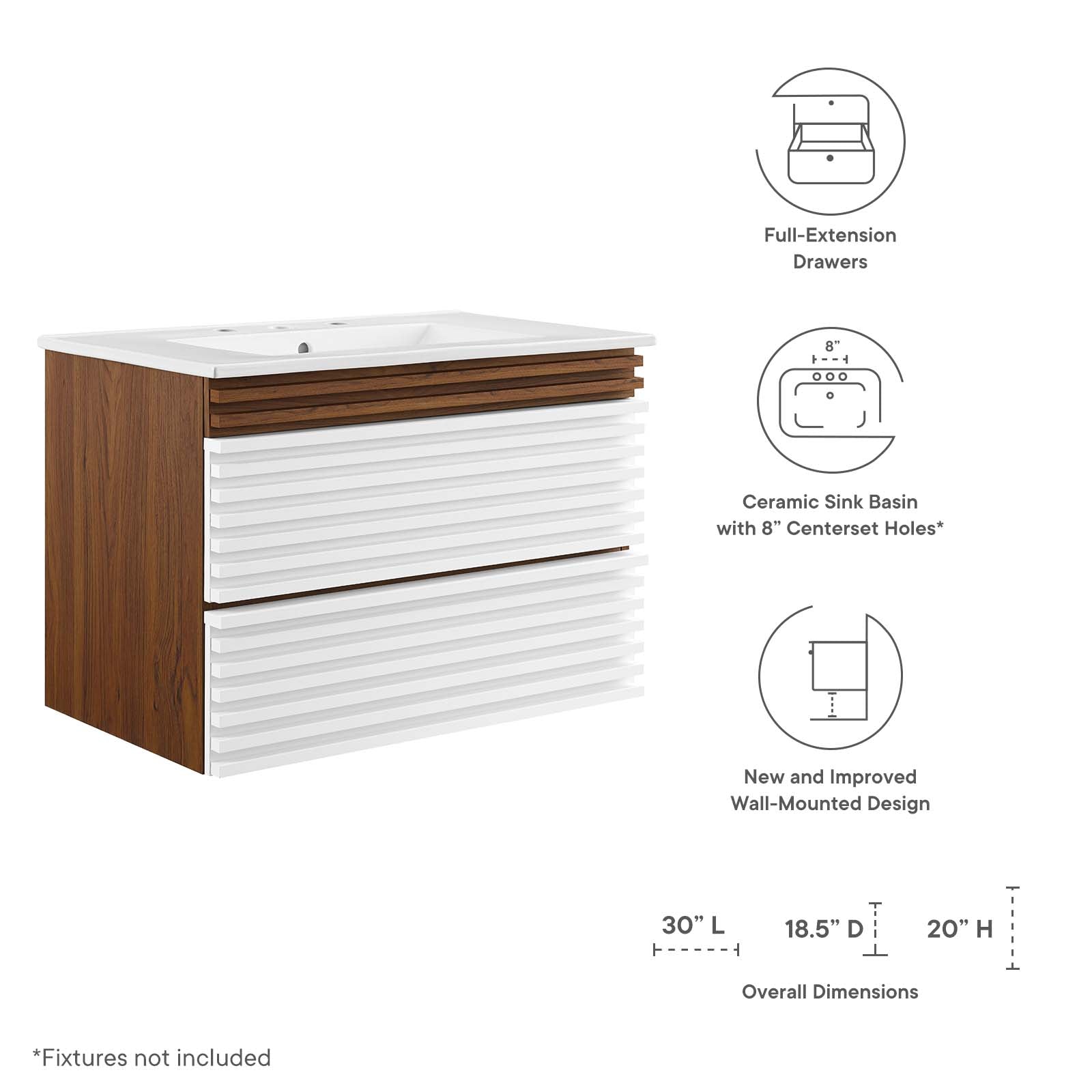 Render 30" Wall-Mount Bathroom Vanity by Modway
