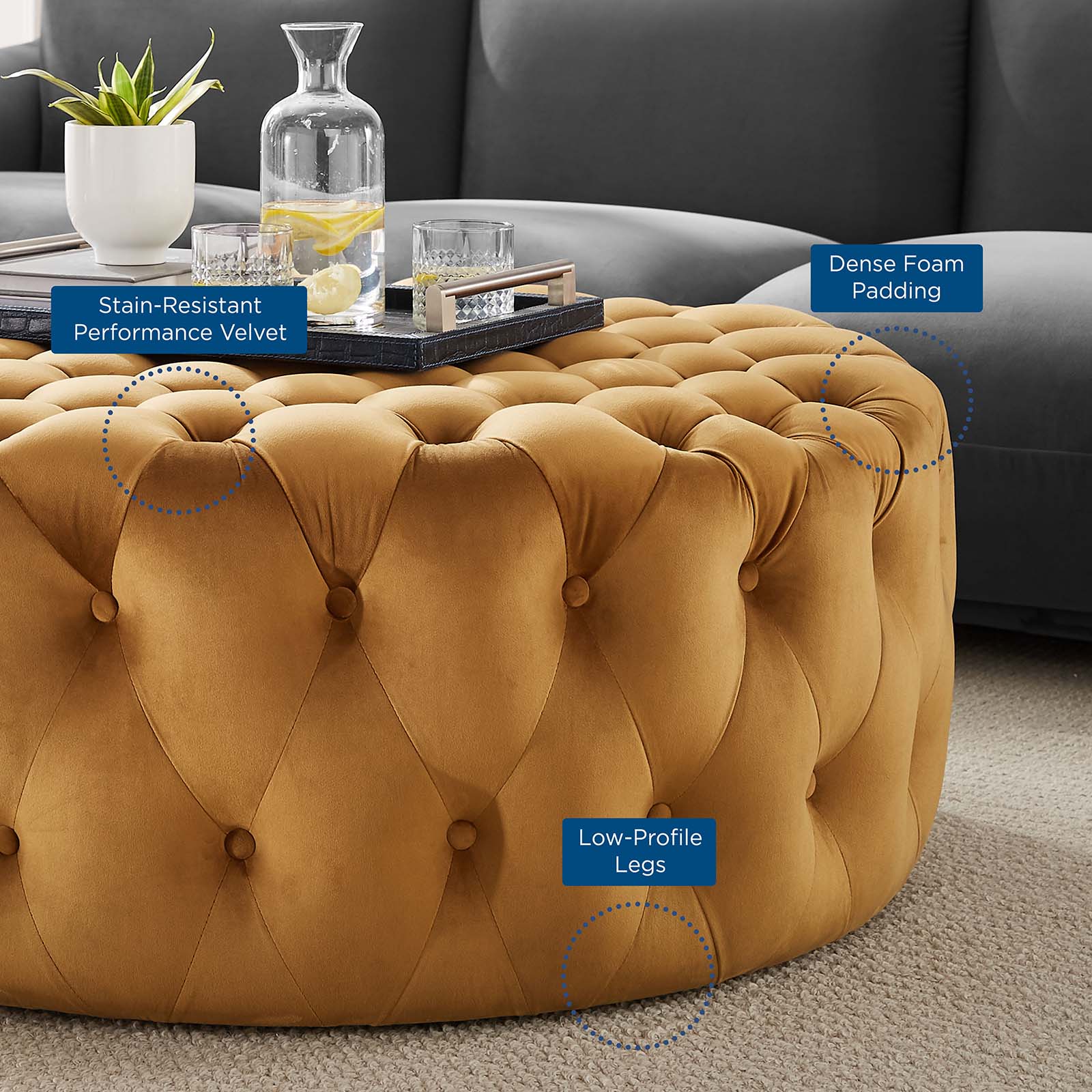 Amour Tufted Button Large Round Performance Velvet Ottoman by Modway