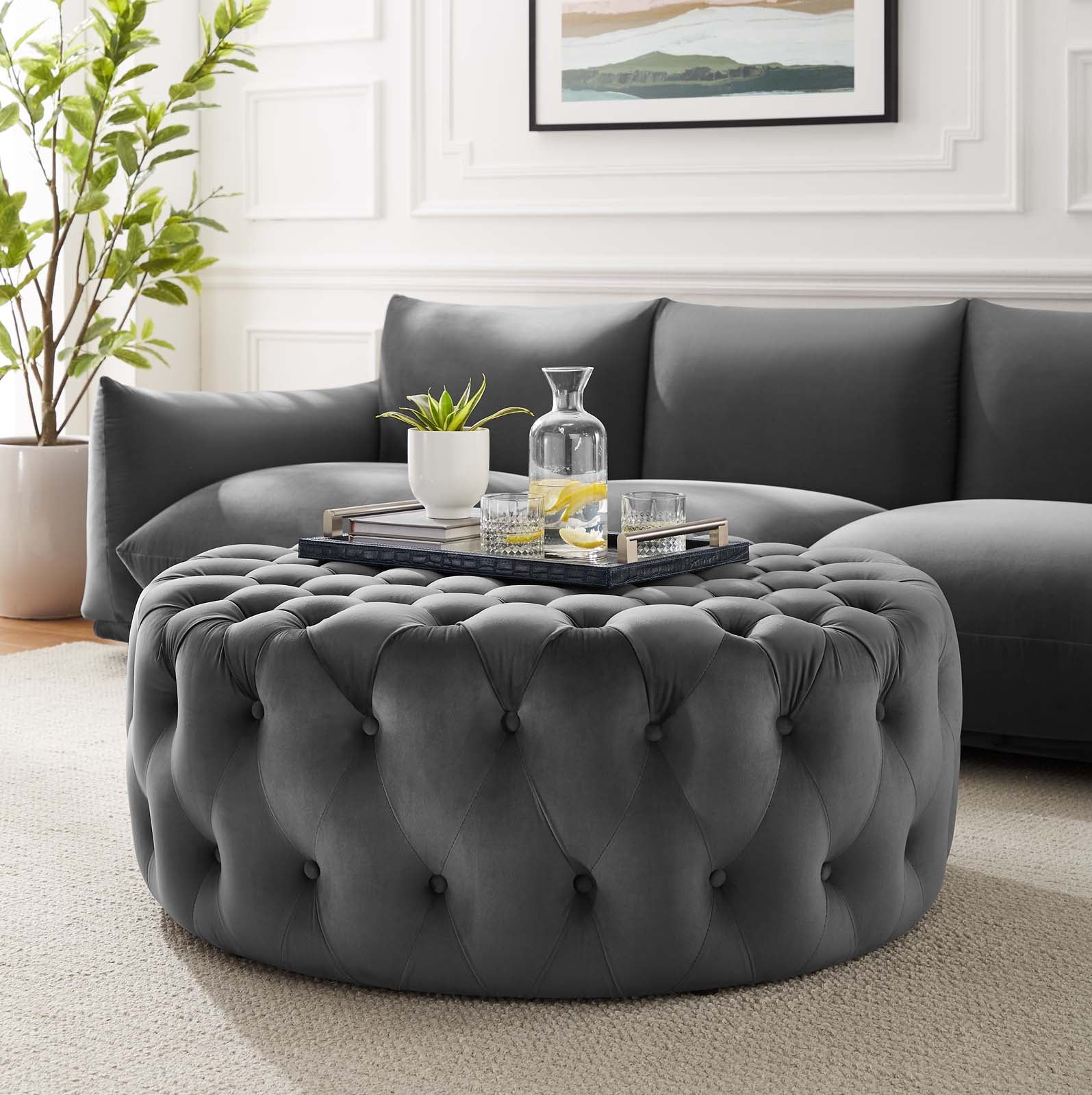 Amour Tufted Button Large Round Performance Velvet Ottoman by Modway