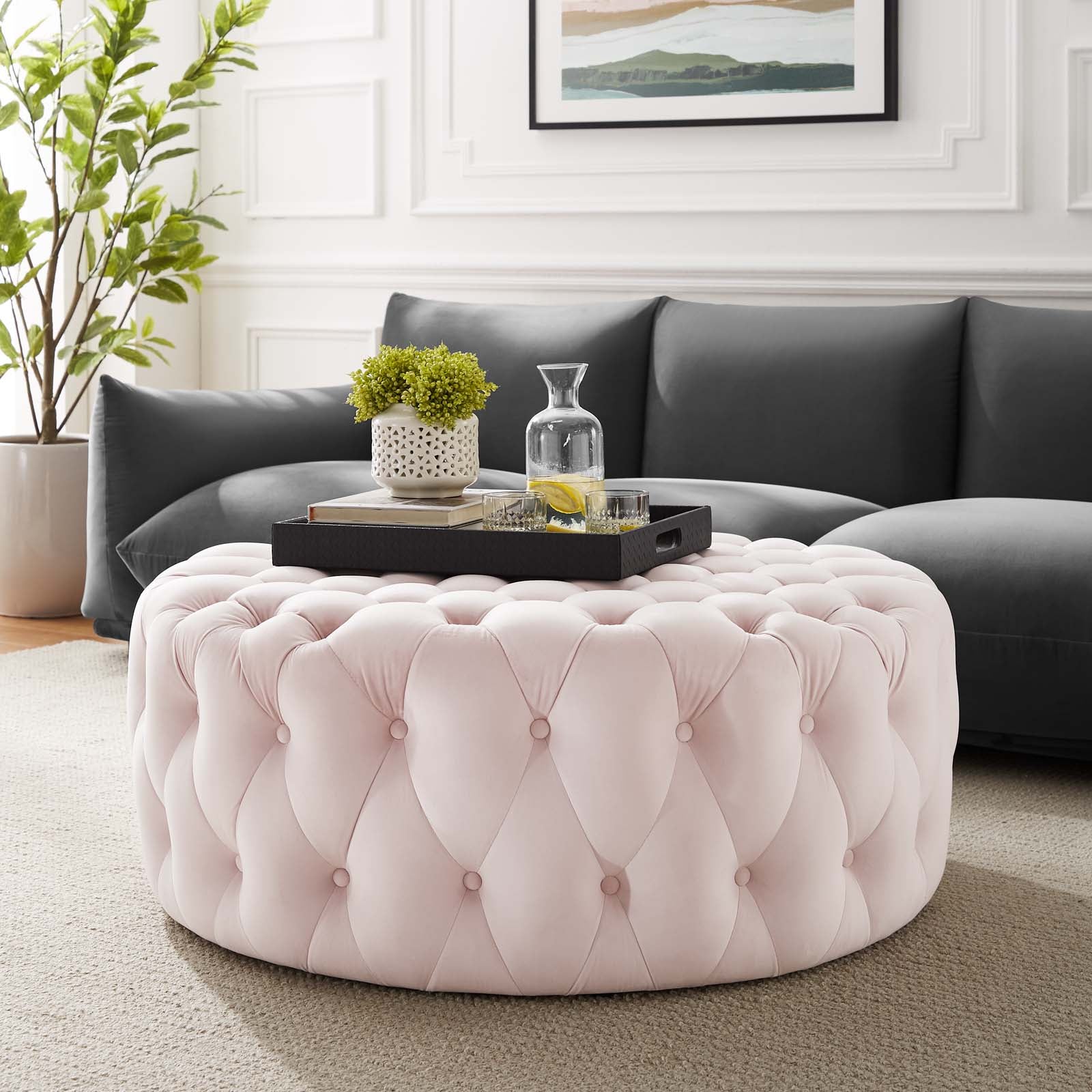 Amour Tufted Button Large Round Performance Velvet Ottoman by Modway