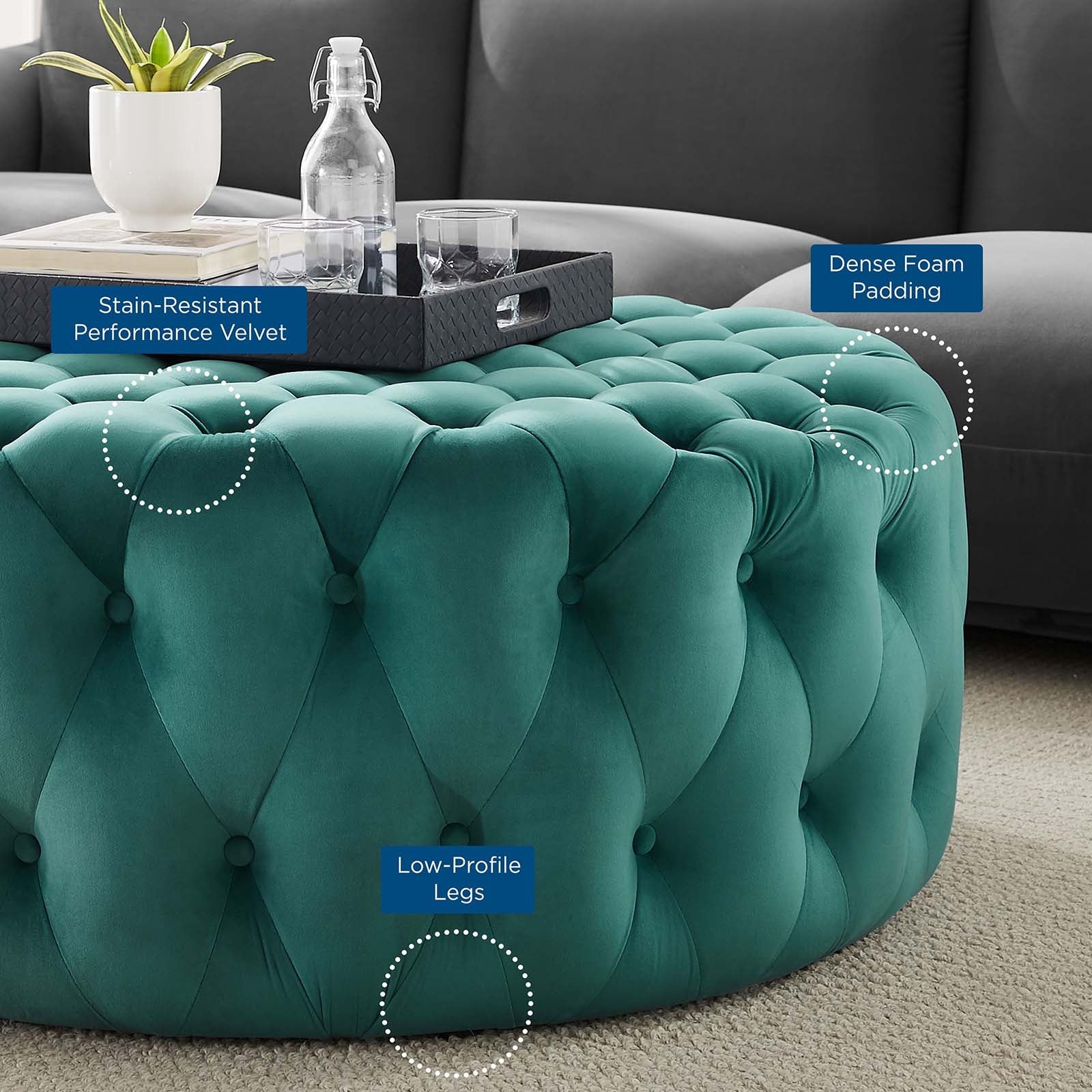 Amour Tufted Button Large Round Performance Velvet Ottoman by Modway