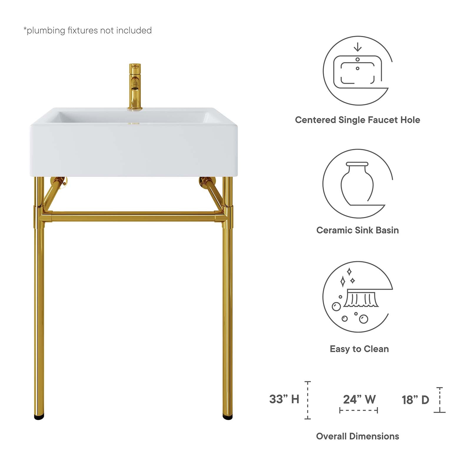 Redeem 24" Wall-Mount Gold Stainless Steel Bathroom Vanity by Modway