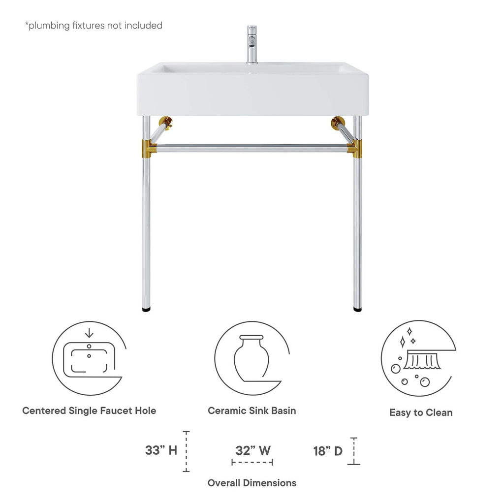 Redeem 32" Silver Stainless Steel Wall-Mount Bathroom Vanity by Modway