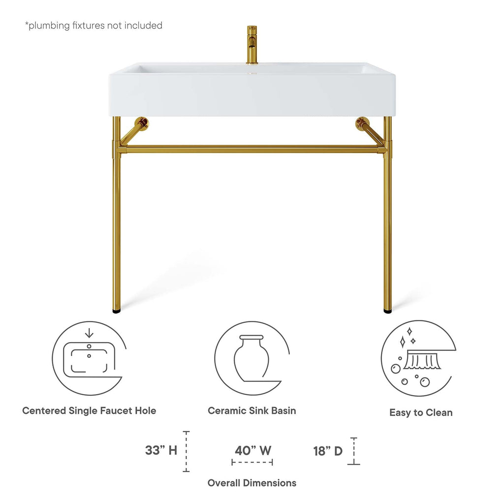 Redeem 40" Wall-Mount Gold Stainless Steel Bathroom Vanity by Modway