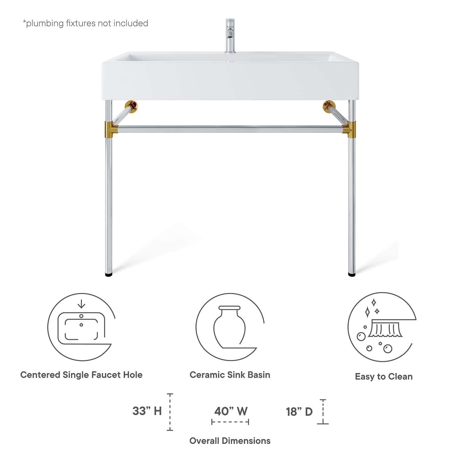 Redeem 40" Silver Stainless Steel Wall-Mount Bathroom Vanity by Modway