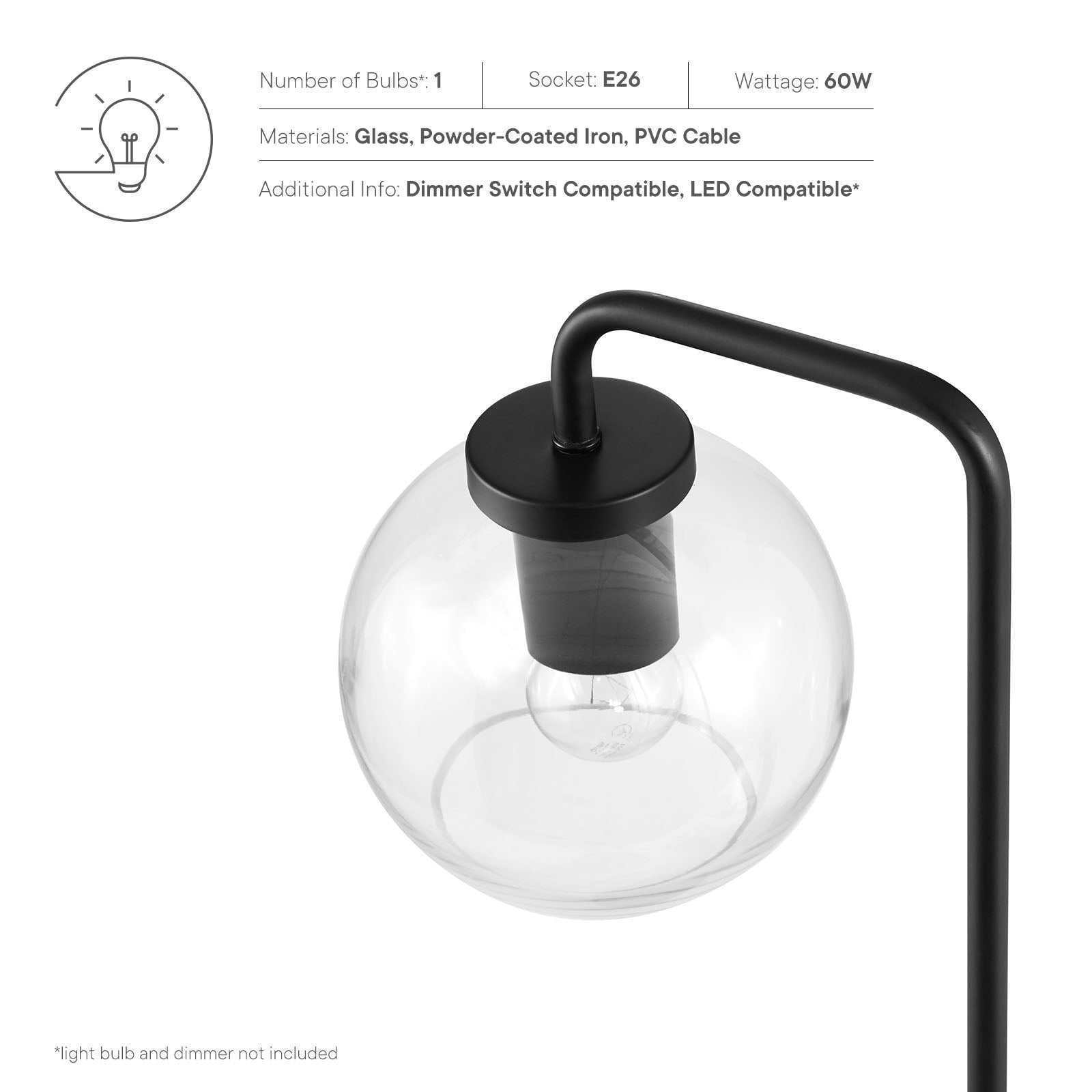 Silo Glass Globe Glass and Metal Table Lamp by Modway