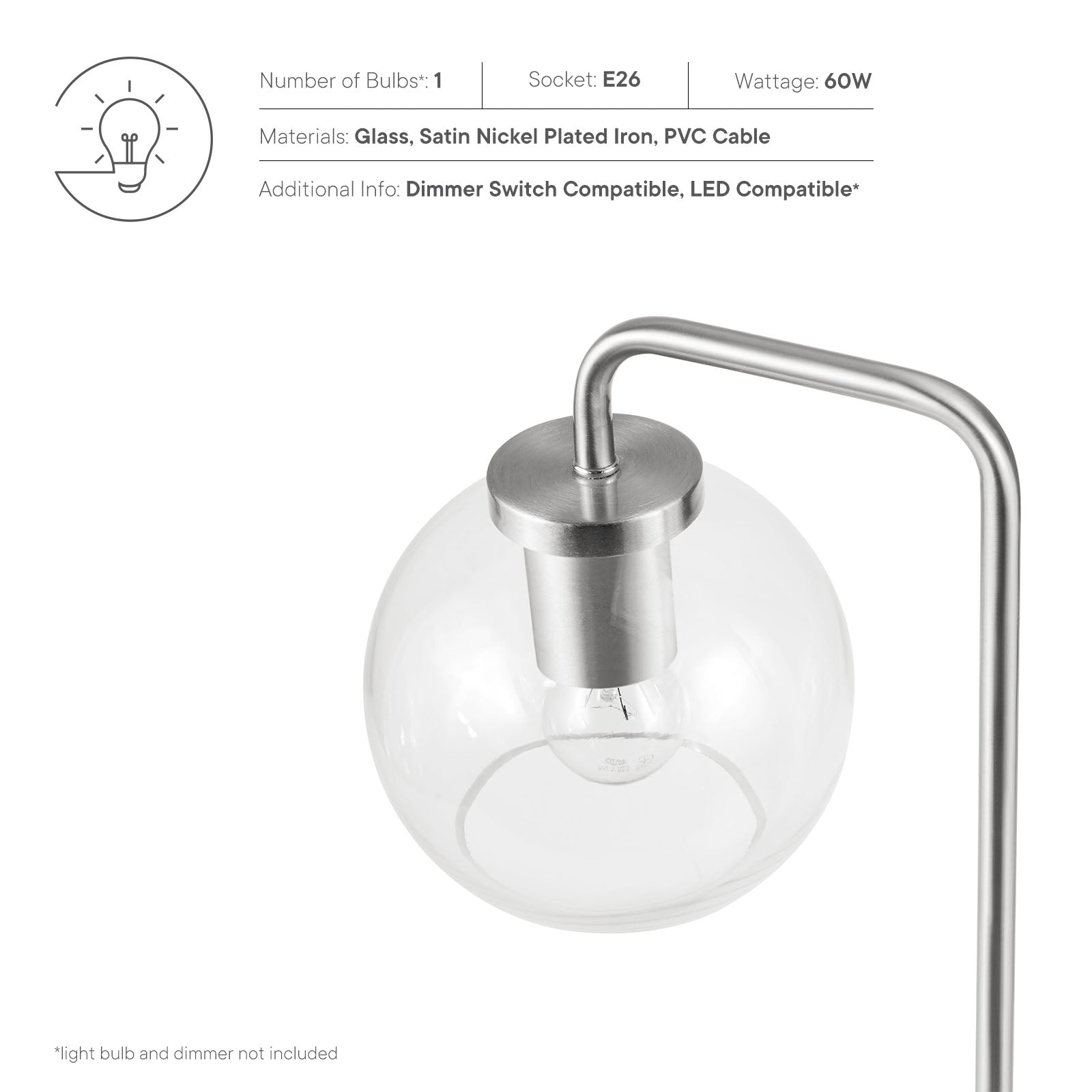 Silo Glass Globe Glass and Metal Table Lamp by Modway