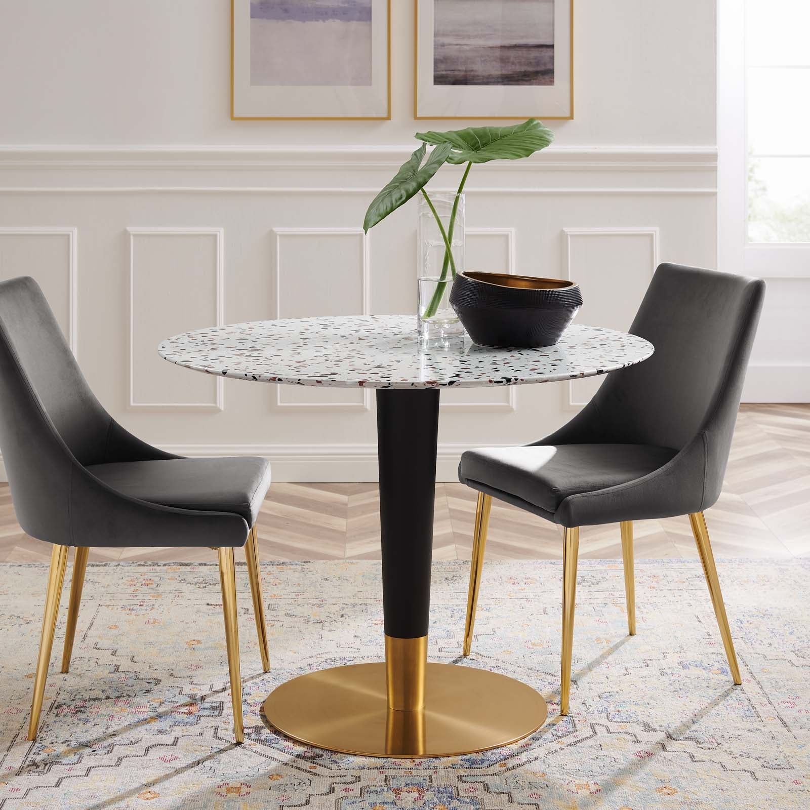 Zinque 40" Round Terrazzo Dining Table in Gold Whi