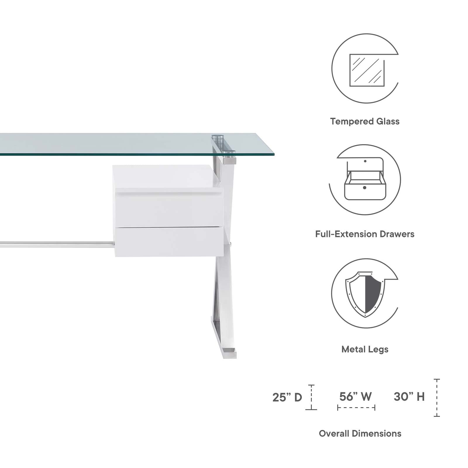 Sector 56" Glass Top Glass Office Desk by Modway