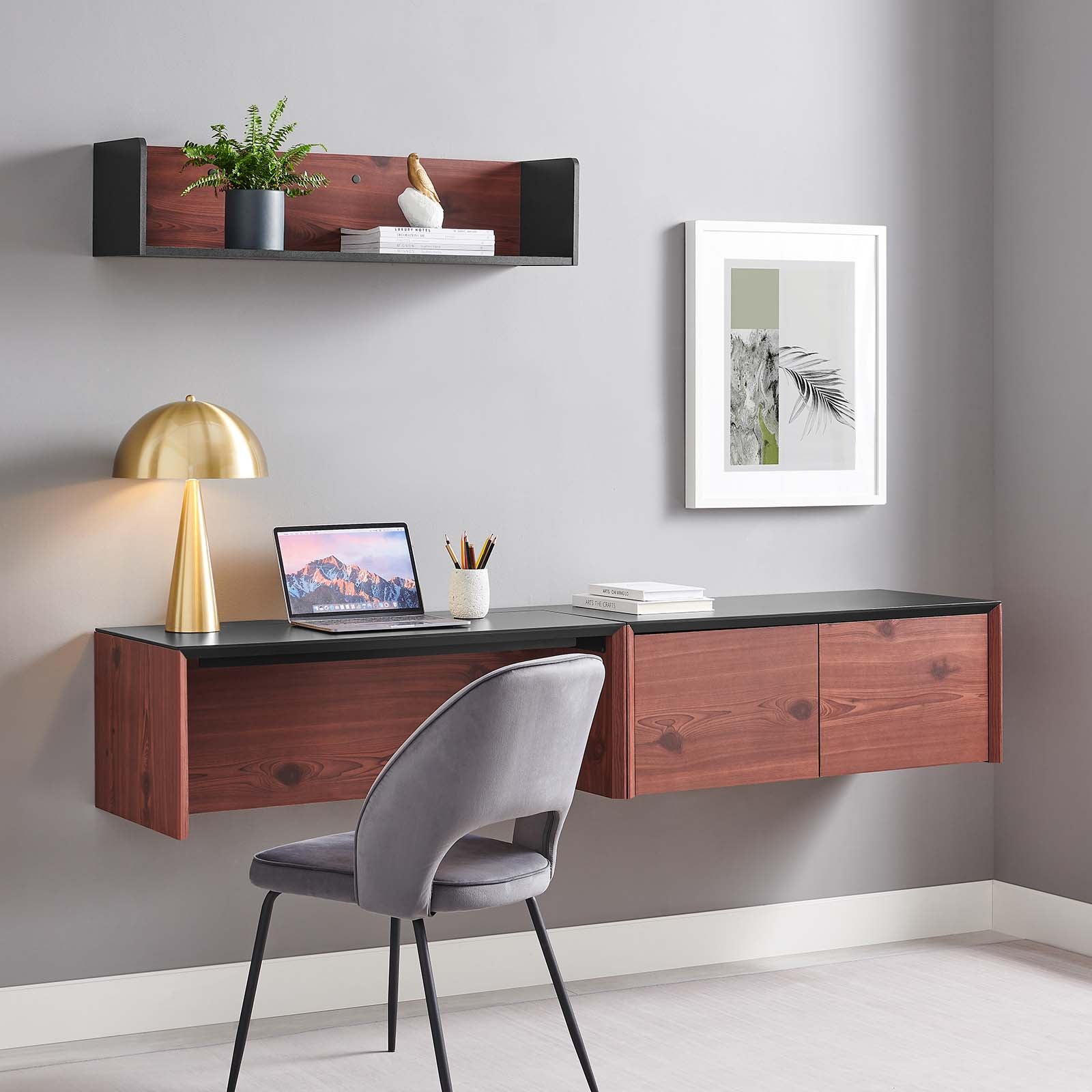 Kinetic 38" Wall-Mount Office Desk With Cabinet and Shelf by Modway