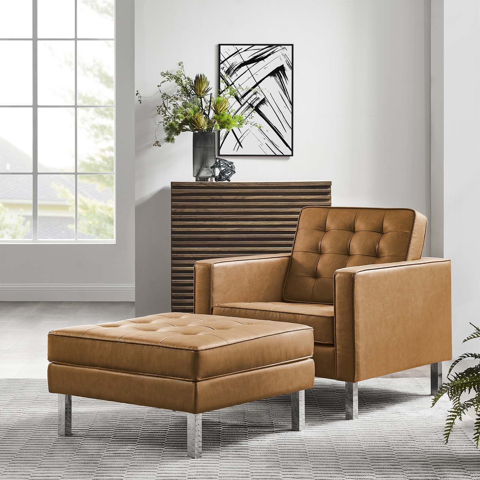 Loft Tufted Vegan Leather Armchair and Ottoman Set by Modway