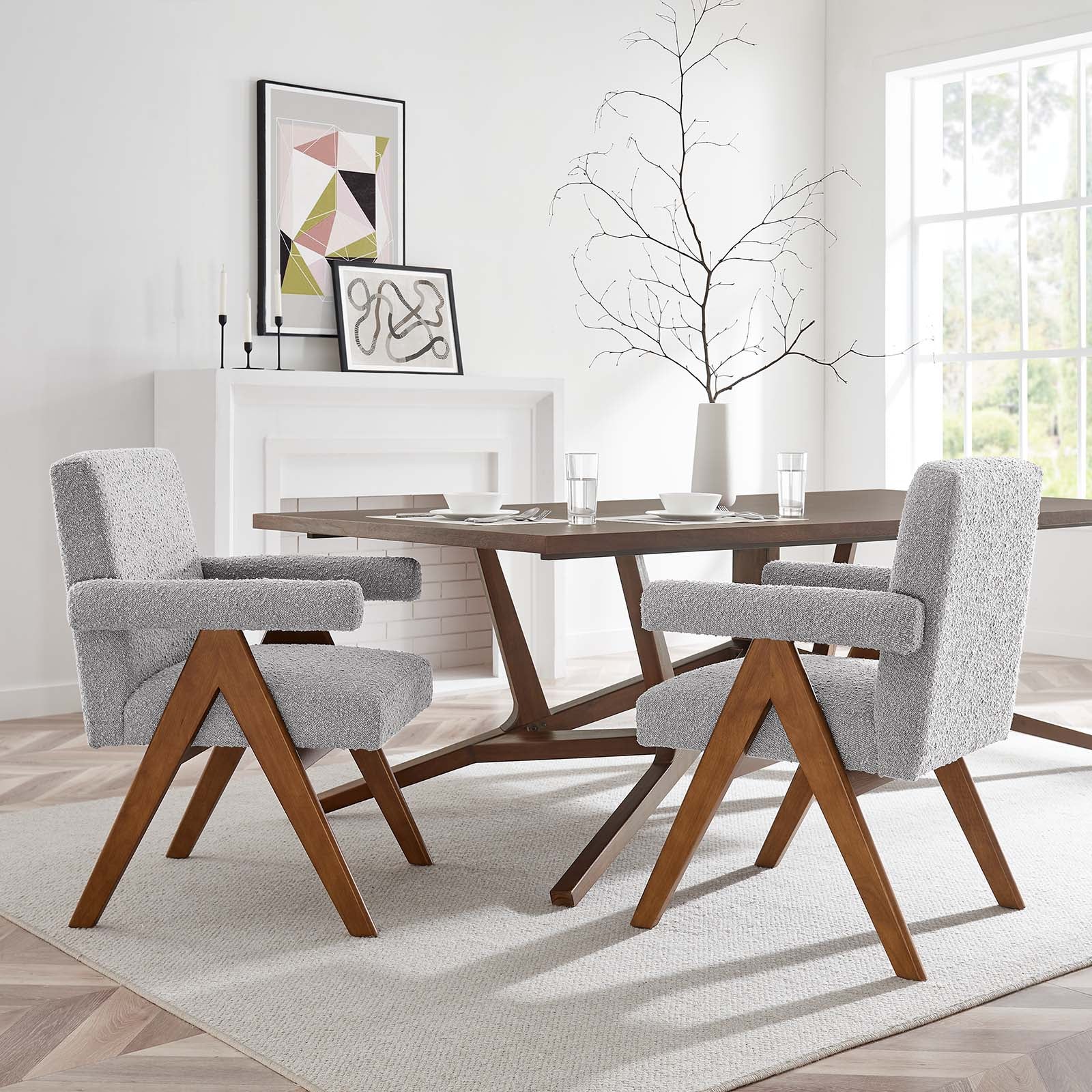 Lyra Boucle Fabric Dining Room Chair Set of 2 by Modway
