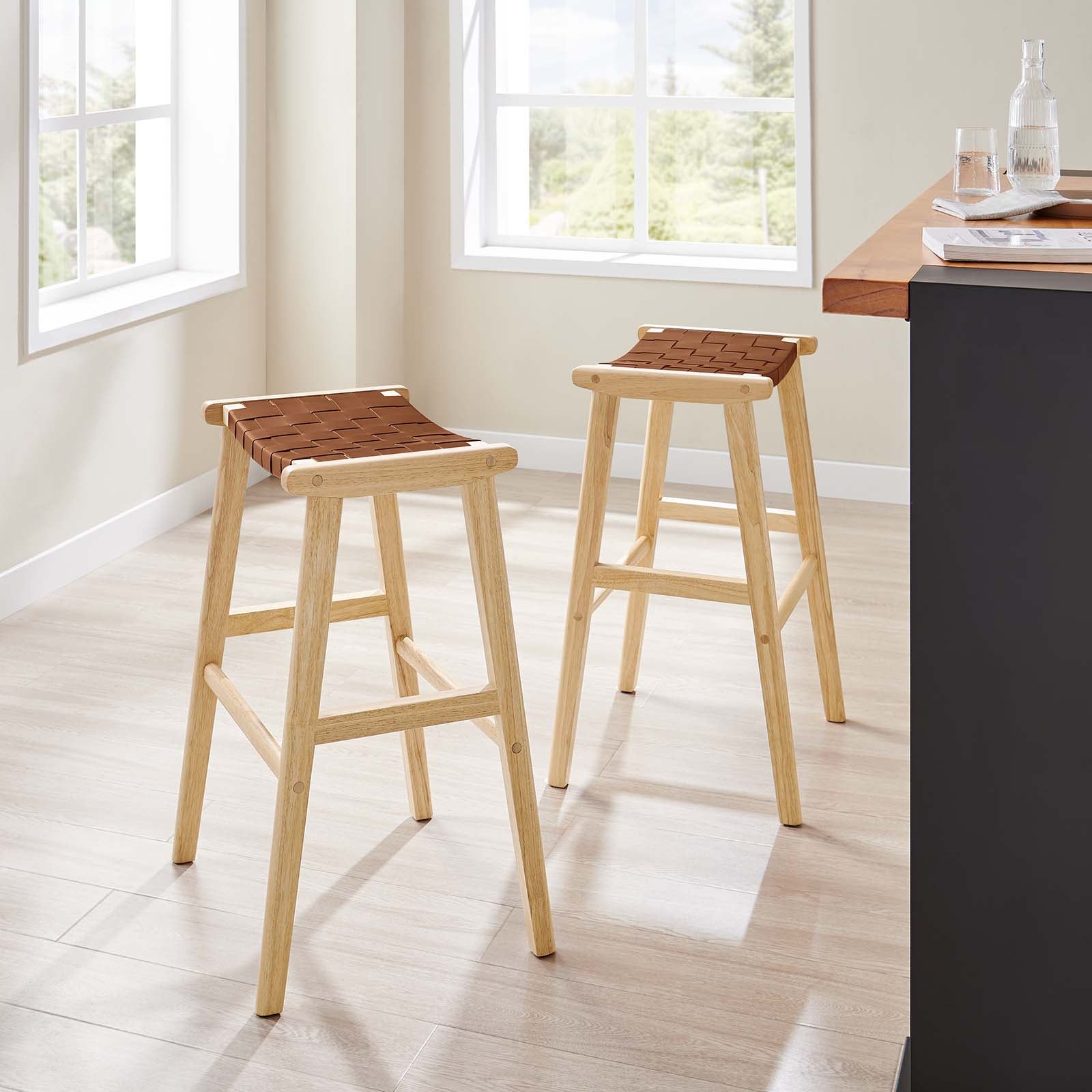 Saoirse Leather Wood Bar Stool Set of 2 by Modway