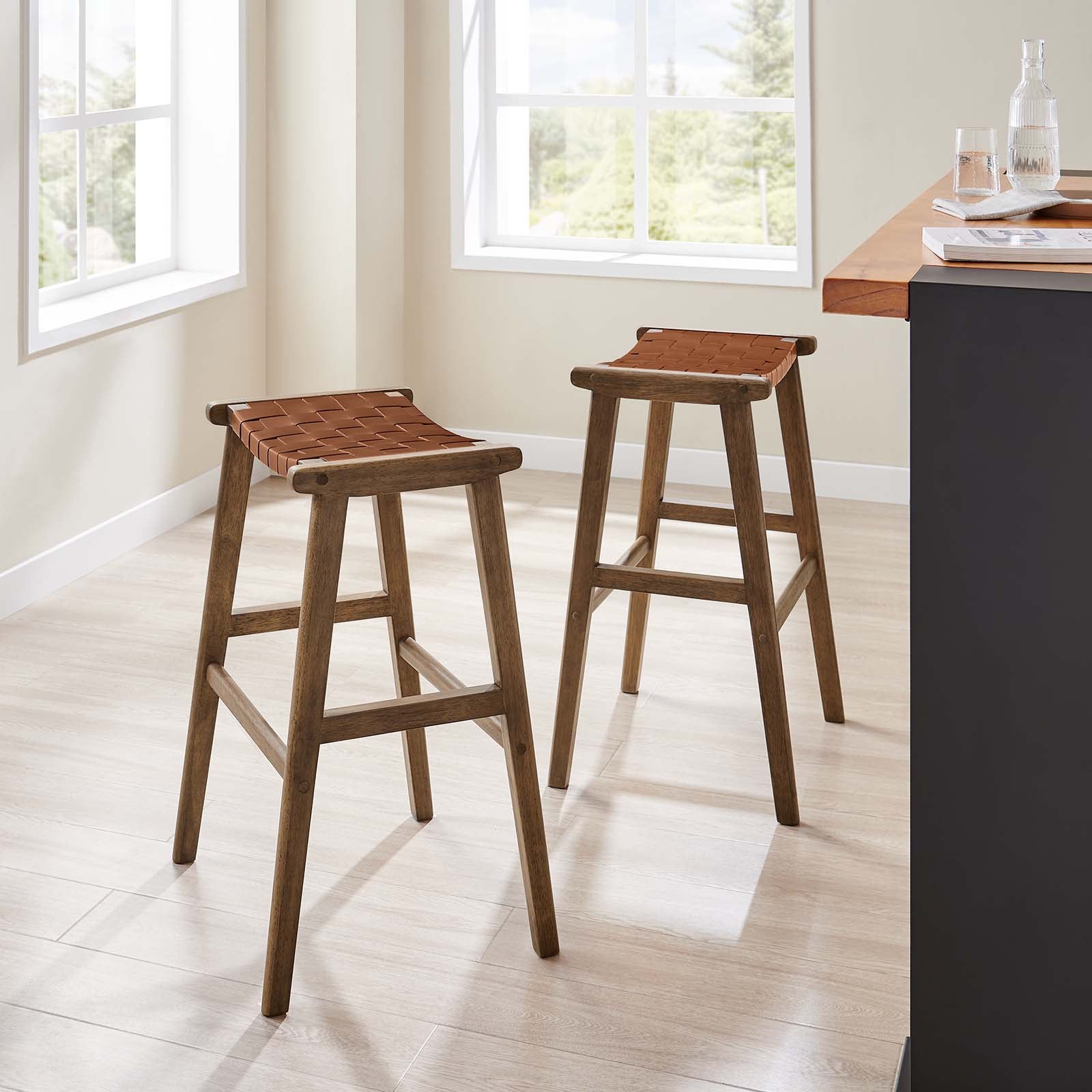 Saoirse Leather Wood Bar Stool Set of 2 by Modway