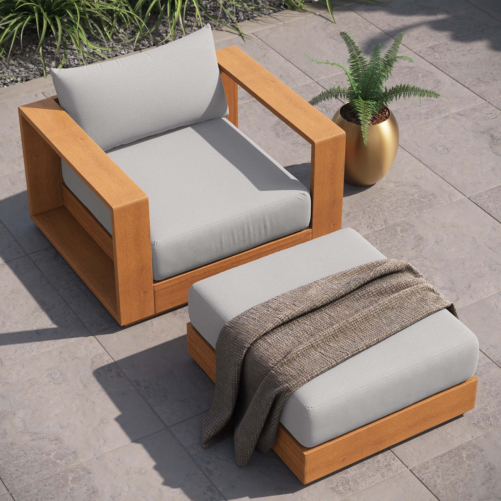 Tahoe 2-Piece Outdoor Patio Acacia Wood Armchair and Ottoman Set by Modway