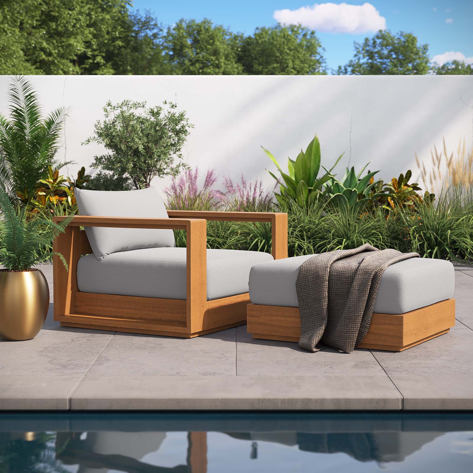 Tahoe 2-Piece Outdoor Patio Acacia Wood Armchair and Ottoman Set by Modway