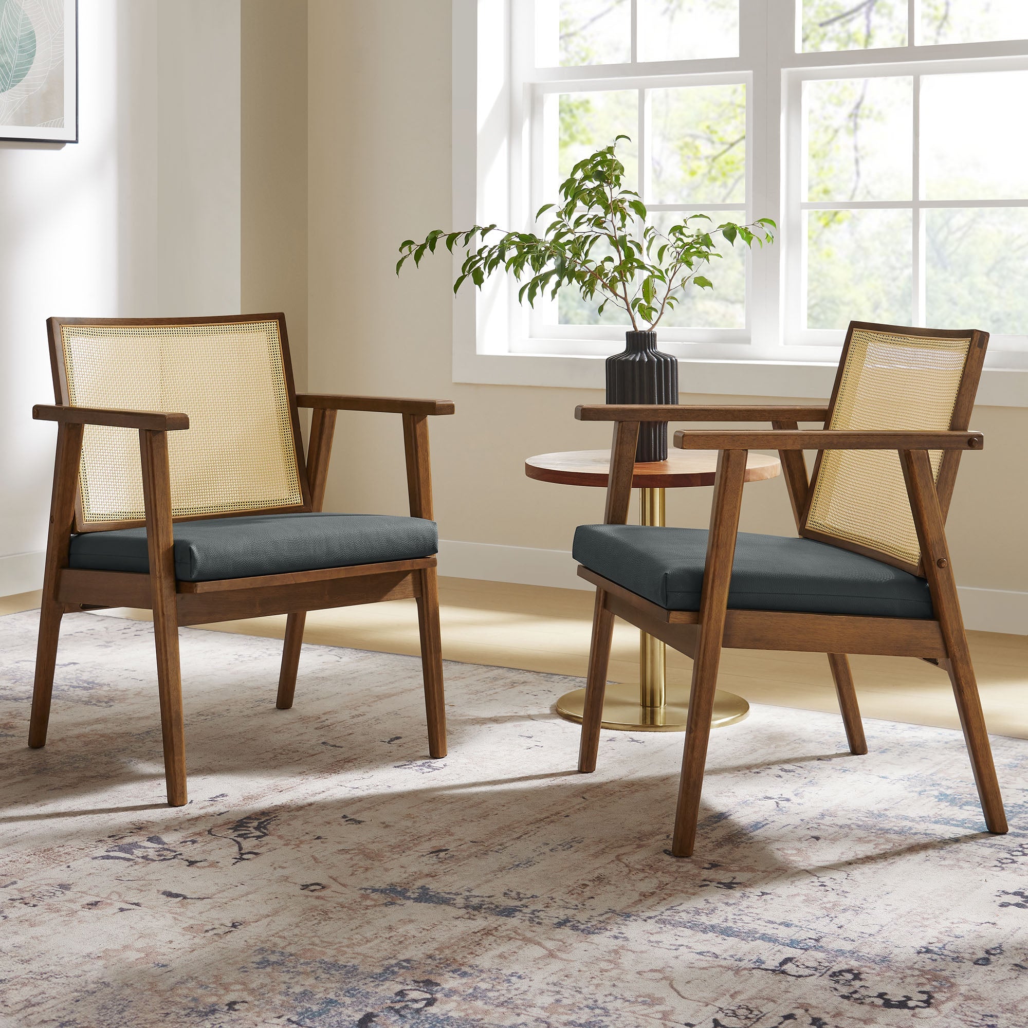 Thera Vegan Leather and Cane Accent Armchairs Set of 2 by Modway