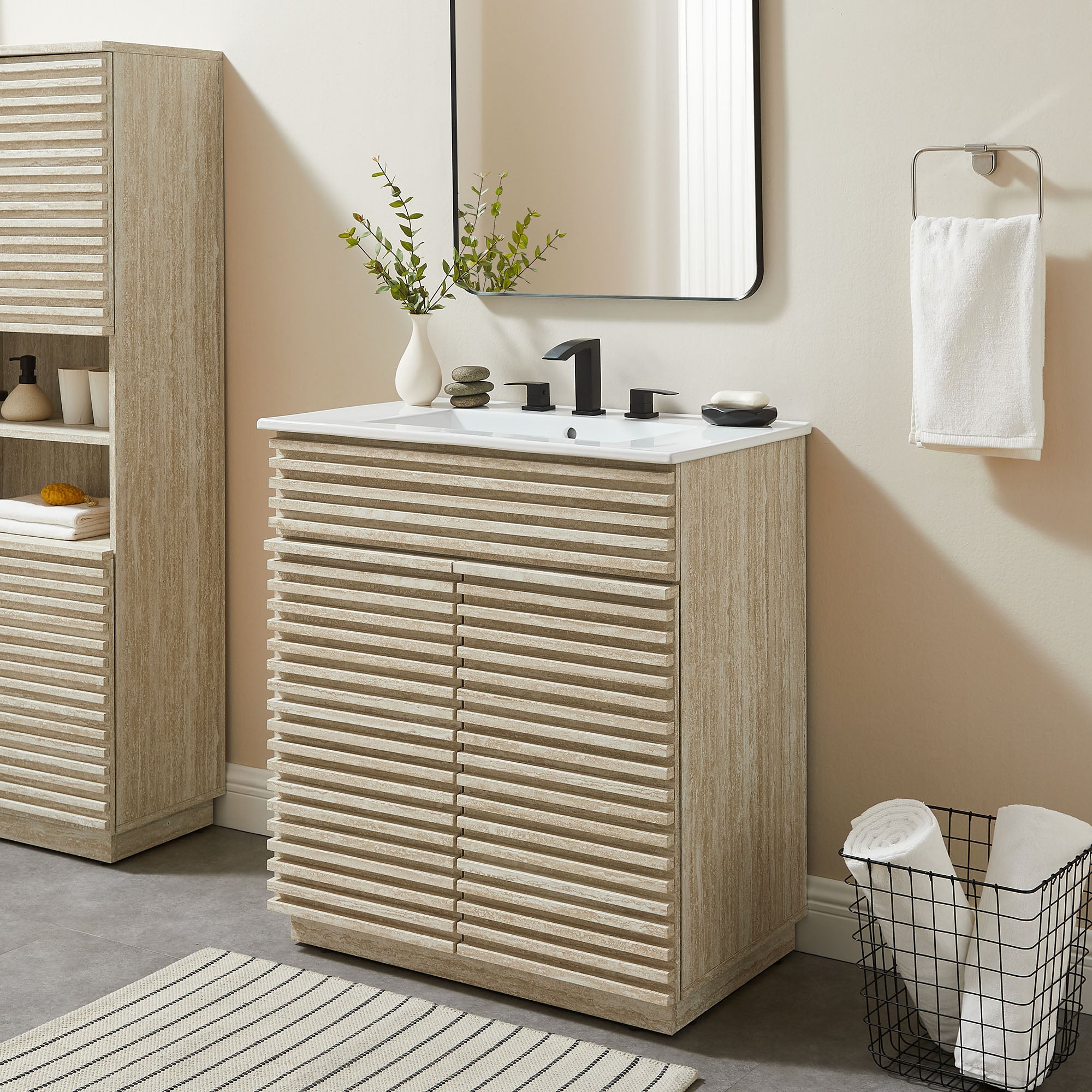 Render 30" Faux Travertine Bathroom Vanity Cabinet (Sink Not Included) by Modway