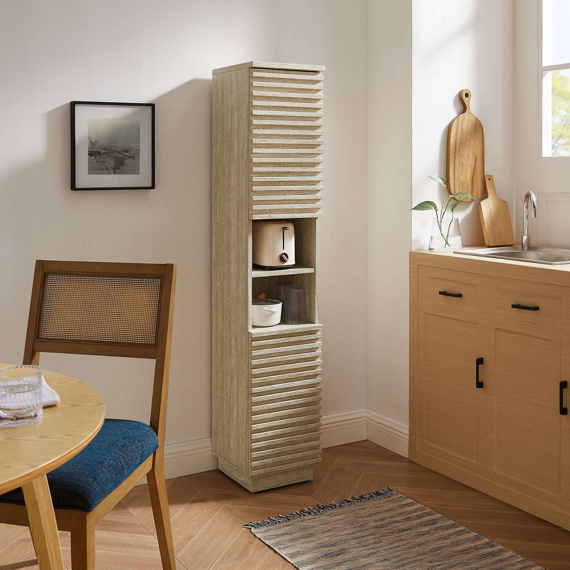 Render Tall Narrow Faux Travertine Linen Storage Cabinet by Modway