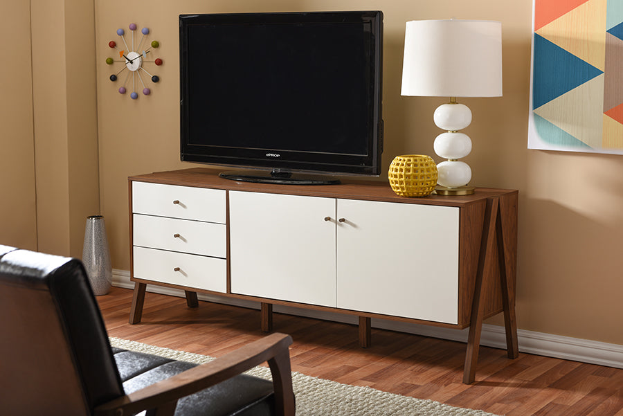 Baxton Studio Harlow Mid-century Modern Scandinavian Style White and Walnut Wood Sideboard Storage Cabinet