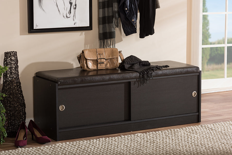 Baxton Studio Clevedon Modern and Contemporary Dark Brown Wood Entryway Storage Cushioned Bench Shoe Rack Cabinet Organizer