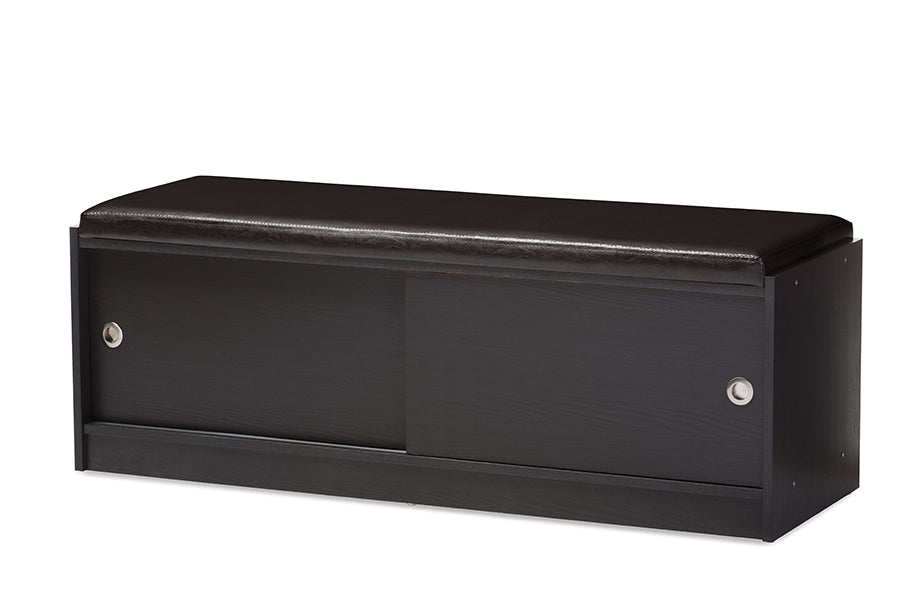 Baxton Studio Clevedon Modern and Contemporary Dark Brown Wood Entryway Storage Cushioned Bench Shoe Rack Cabinet Organizer