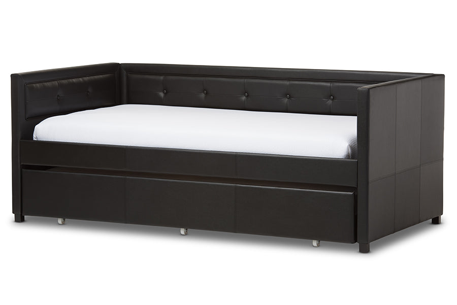 Baxton Studio Frank Modern and Contemporary Black Faux Leather Button-Tufting Sofa Twin Daybed with Roll-Out Trundle Guest Bed