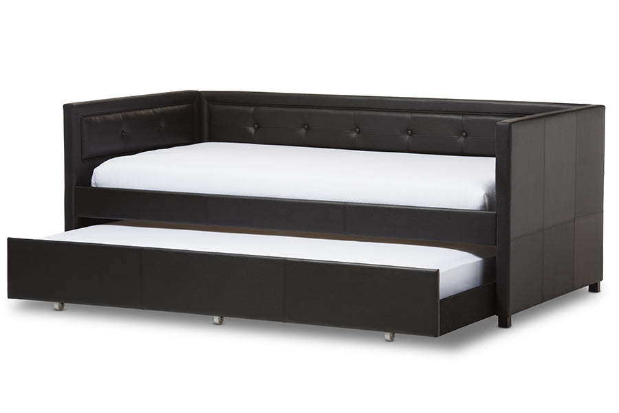 Baxton Studio Frank Modern and Contemporary Black Faux Leather Button-Tufting Sofa Twin Daybed with Roll-Out Trundle Guest Bed