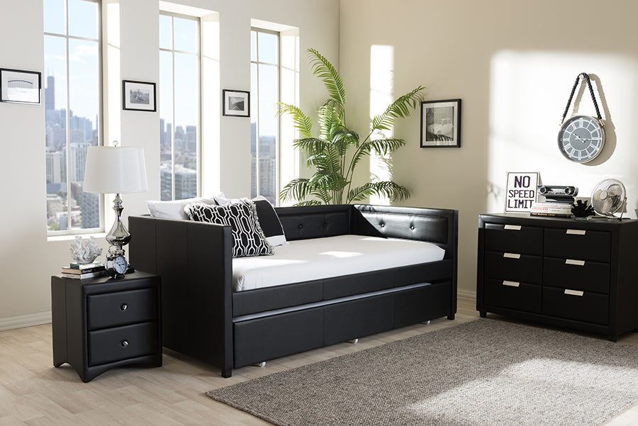 Baxton Studio Frank Modern and Contemporary Black Faux Leather Button-Tufting Sofa Twin Daybed with Roll-Out Trundle Guest Bed
