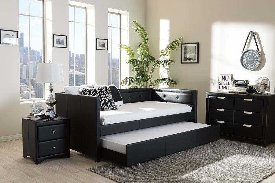 Baxton Studio Frank Modern and Contemporary Black Faux Leather Button-Tufting Sofa Twin Daybed with Roll-Out Trundle Guest Bed