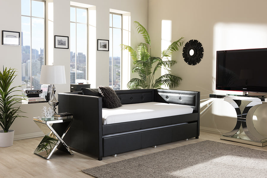 Baxton Studio Frank Modern and Contemporary Black Faux Leather Button-Tufting Sofa Twin Daybed with Roll-Out Trundle Guest Bed