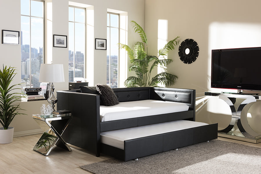 Baxton Studio Frank Modern and Contemporary Black Faux Leather Button-Tufting Sofa Twin Daybed with Roll-Out Trundle Guest Bed