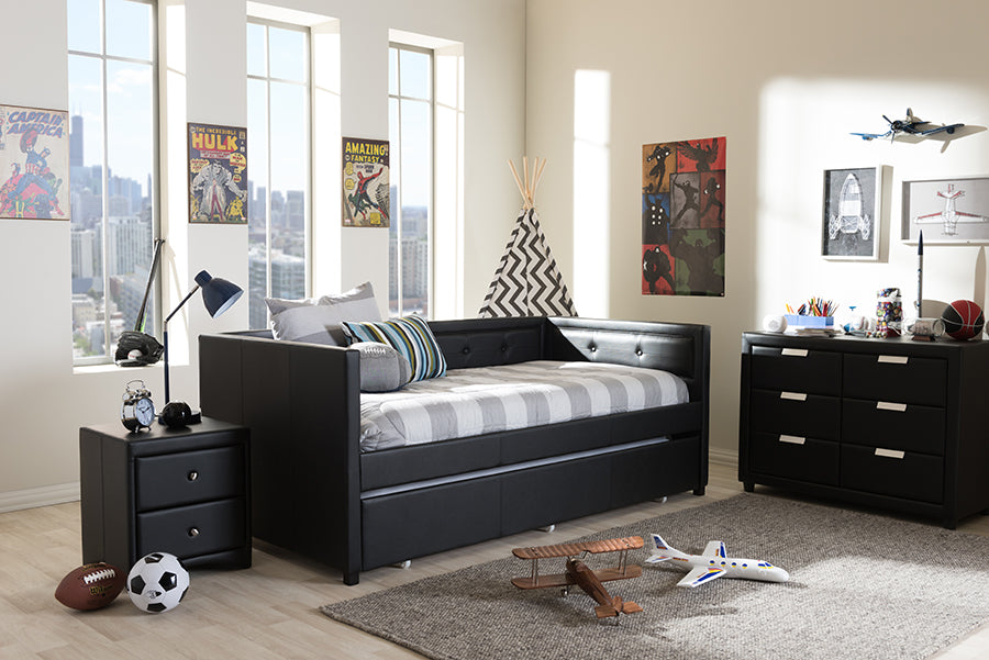 Baxton Studio Frank Modern and Contemporary Black Faux Leather Button-Tufting Sofa Twin Daybed with Roll-Out Trundle Guest Bed