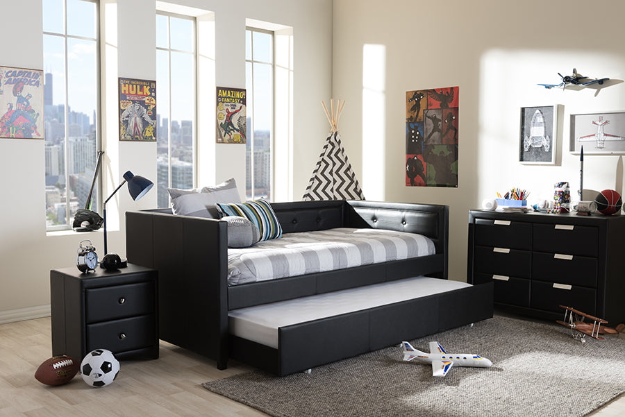 Baxton Studio Frank Modern and Contemporary Black Faux Leather Button-Tufting Sofa Twin Daybed with Roll-Out Trundle Guest Bed