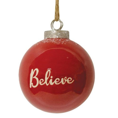 Red Ceramic Ornament "Believe"  (Pack of 4)