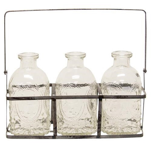 Metal Carrier With 3 Vintage Embossed Glass Bottles  (Pack of 4)