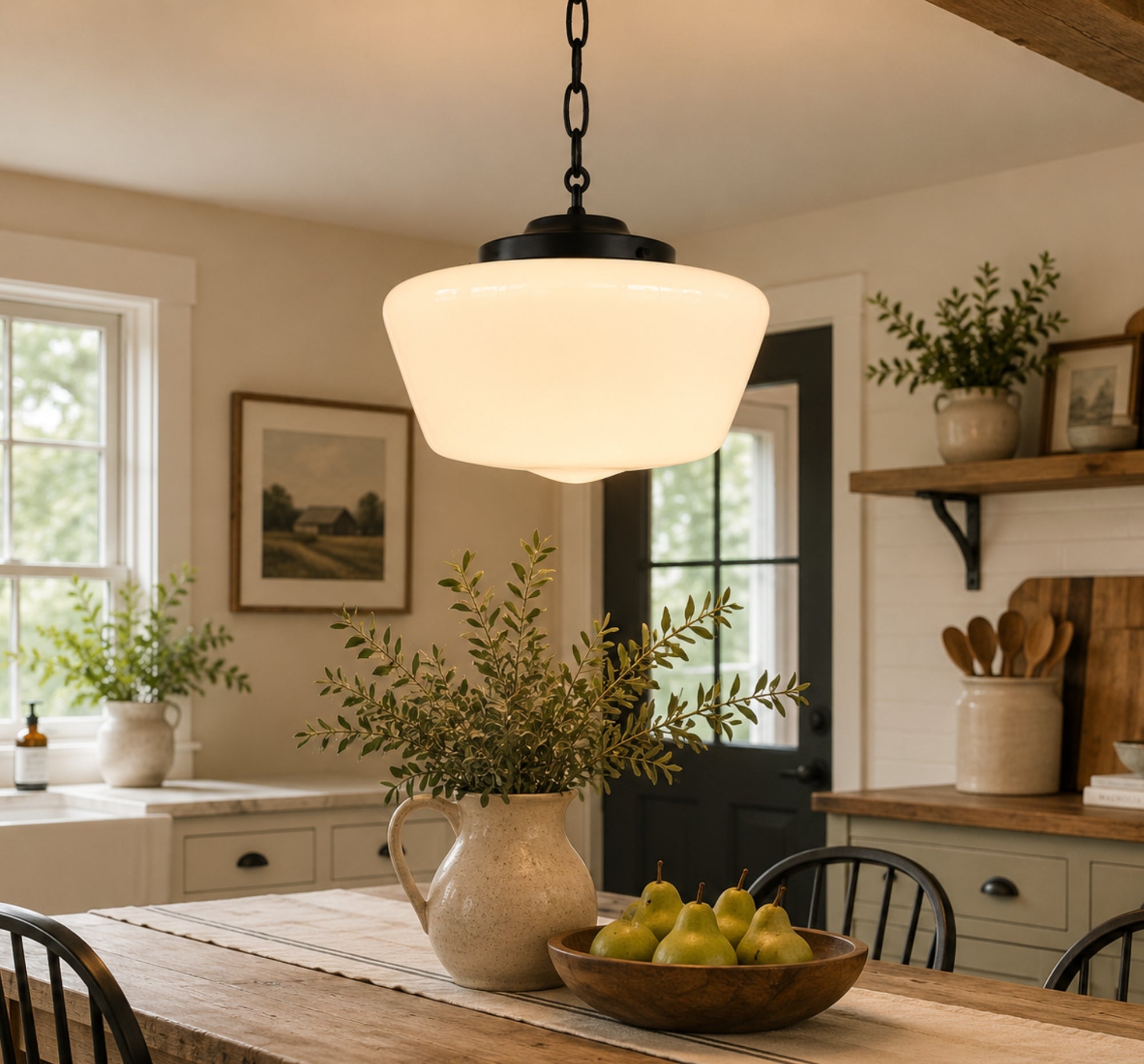 Large Antique Milk Glass Schoolhouse Pendant Light | 12"