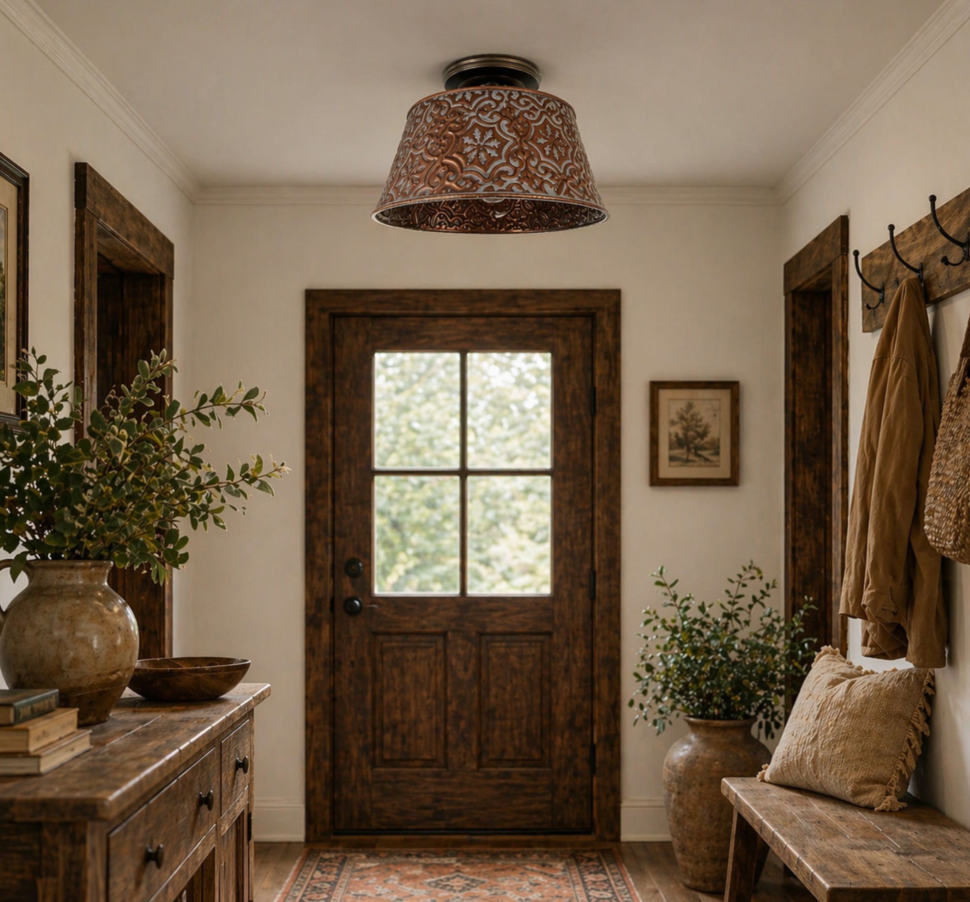 Ornate Copper Flush Mount Ceiling Light | 12" | Rustic Farmhouse