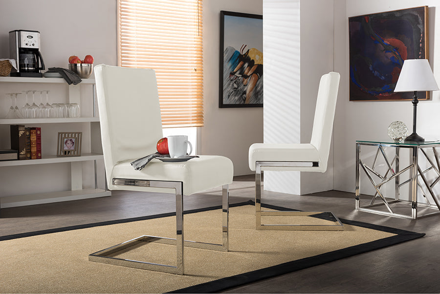 Baxton Studio Toulan Modern and Contemporary White Faux Leather Upholstered Stainless Steel Dining Chair (Set of 2)