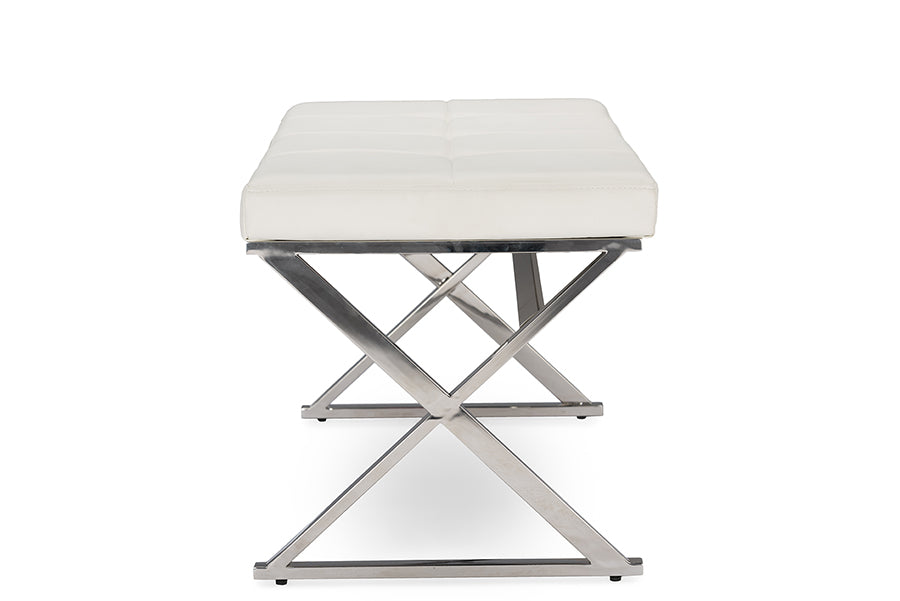 Baxton Studio Herald Modern and Contemporary Stainless Steel and White Faux Leather Upholstered Rectangle Bench
