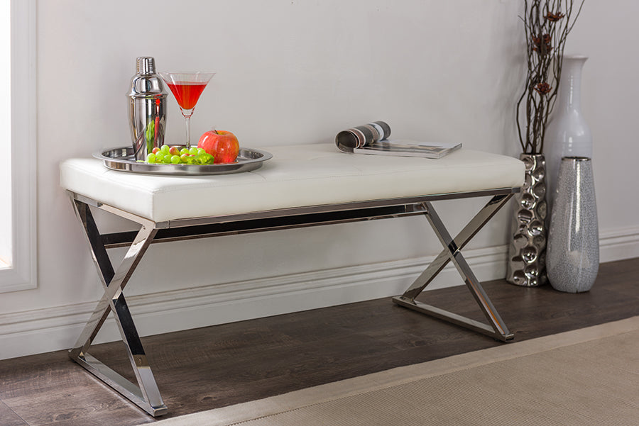 Baxton Studio Herald Modern and Contemporary Stainless Steel and White Faux Leather Upholstered Rectangle Bench