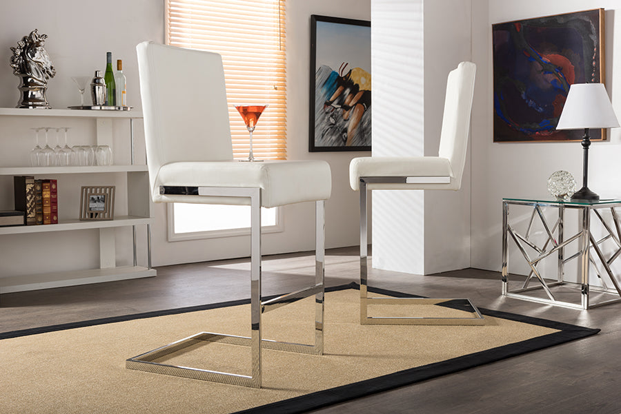 Baxton Studio Toulan Modern and Contemporary White Faux Leather Upholstered Stainless Steel Barstool (Set of 2)