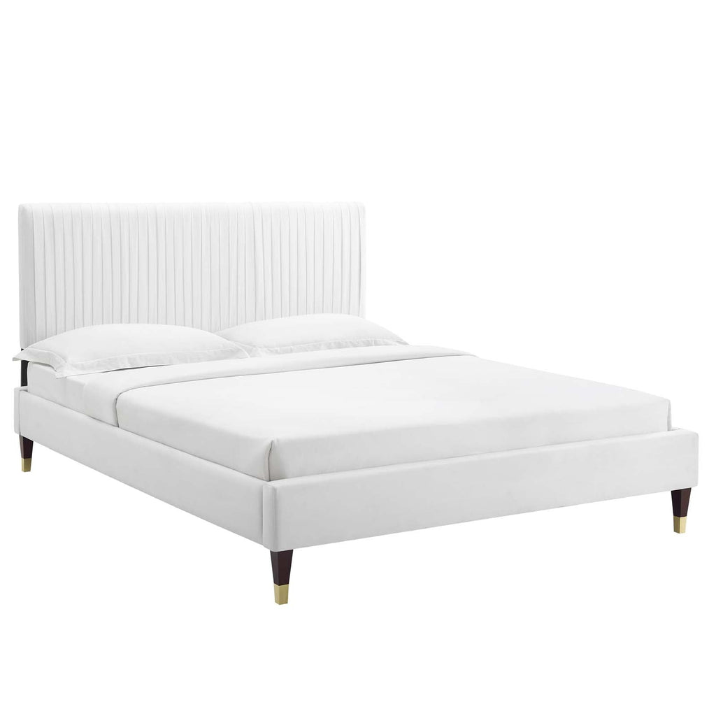 Peyton Performance Velvet Twin Platform Bed in Whi